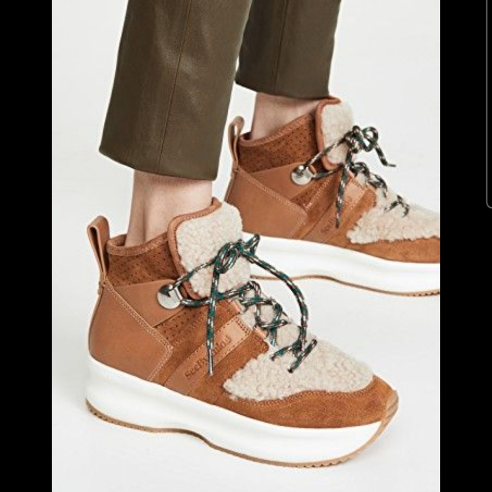 SEE BY CHLOE Casey Genuine Shearling Trim Platform Sneaker (Women) NWT! SOLDOUT!